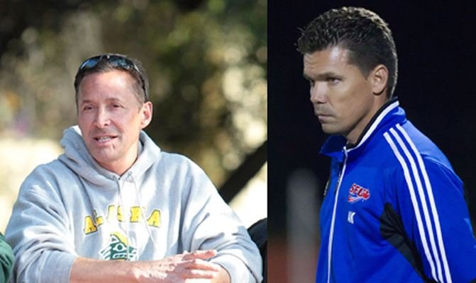 UAA cross country coach Michael Friess (left) and Simon Fraser men's soccer coach Alan Koch are the GNAC Co-Coaches of the Month for November.
